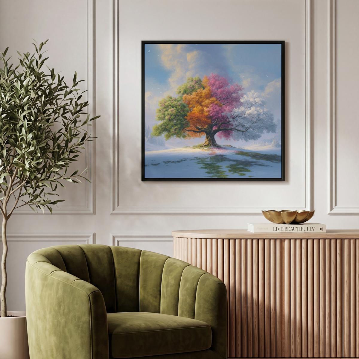 LEINWAND Bilder mit Rahmen - Baum - Jahreszeiten - Winter - Landschaft - 50x50 - Multicolor, Textil (50/50cm) - MuchoWow