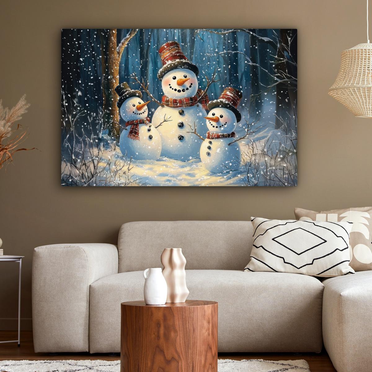 LEINWANDBILD Schneemann - Schnee - Winter - Wald Groß 140x90 cm - Hellblau, Textil (140/90cm) - MuchoWow