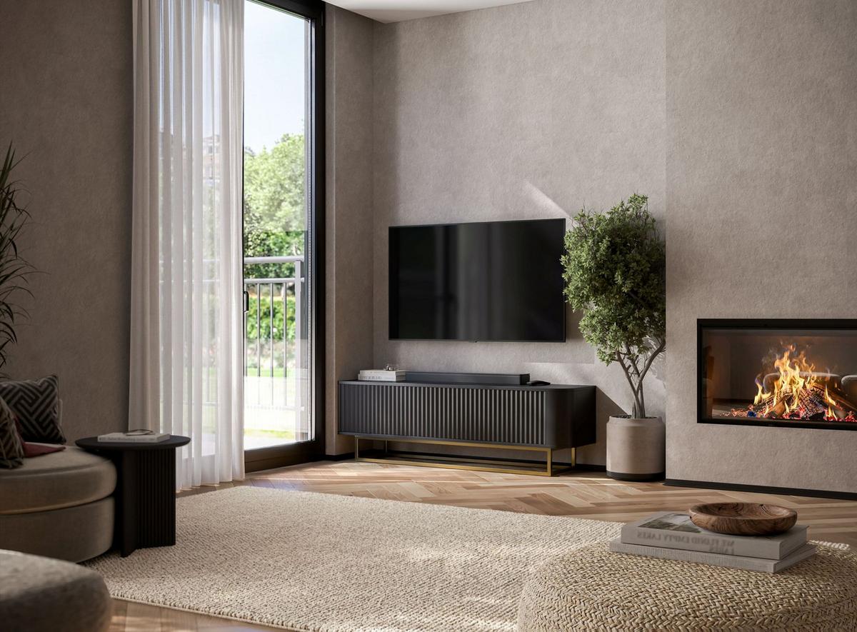 TV-LOWBOARD Aurora 140 cm in Schwarz matt mit goldfarbenem Metallrahmen - Schwarz, Holzwerkstoff/Metall (140/44/35cm) - Meble Lindner