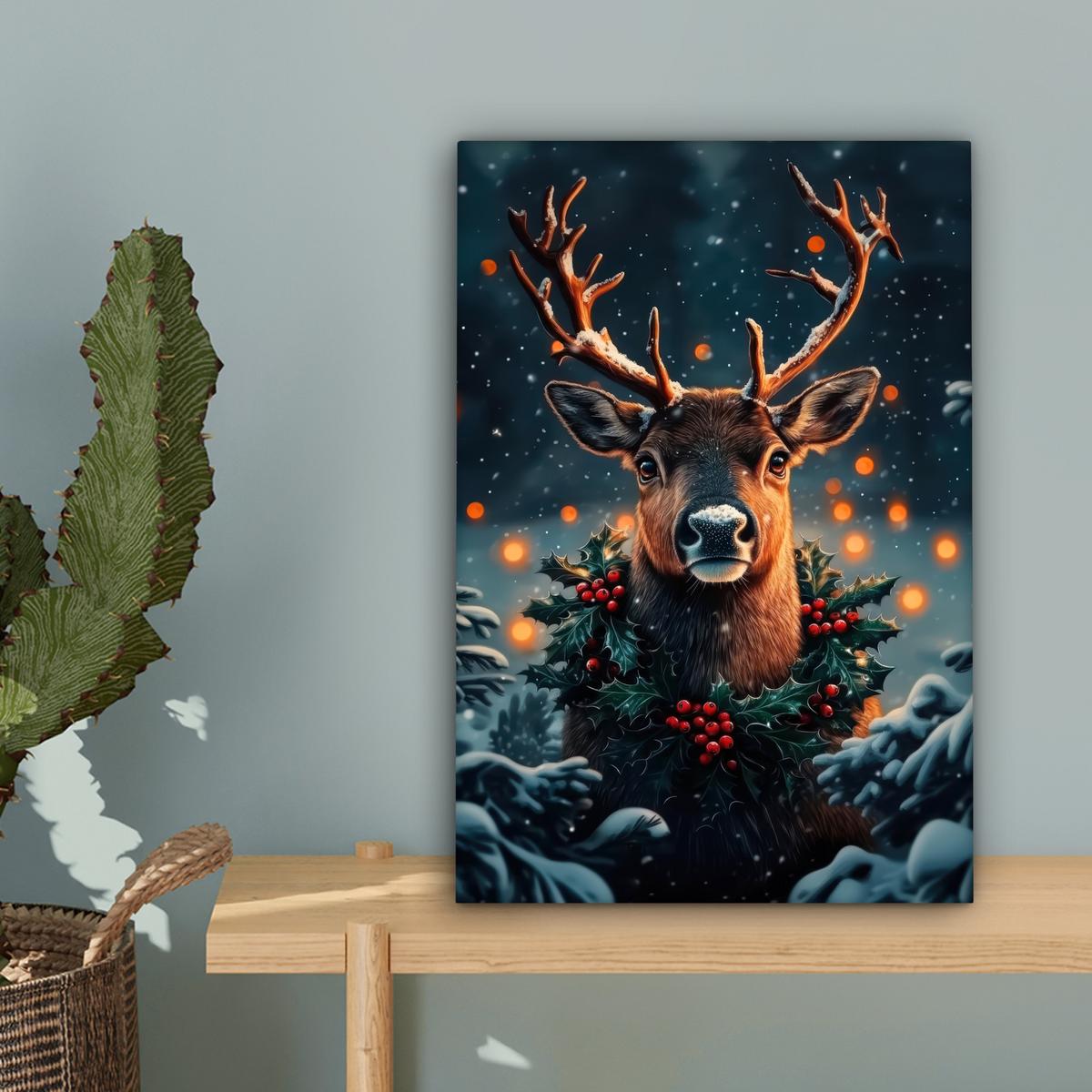 LEINWANDBILD Hirsch - Weihnachten - Winter - Schnee - Weihnachtskranz Deko Wohnzimmer 20x30 cm - Dunkelbraun, Textil (20/30cm) - MuchoWow