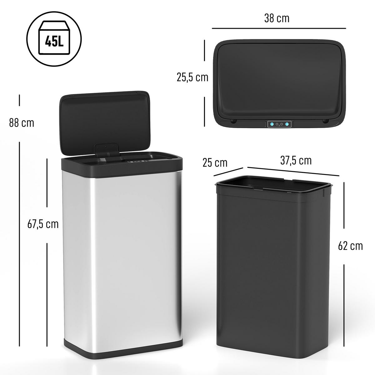 SENSOR-MÜLLEIMER Edelstahl PP ABS Silber Schwarz - Silberfarben, Metall (25.5/67.5/38cm) - HOMCOM