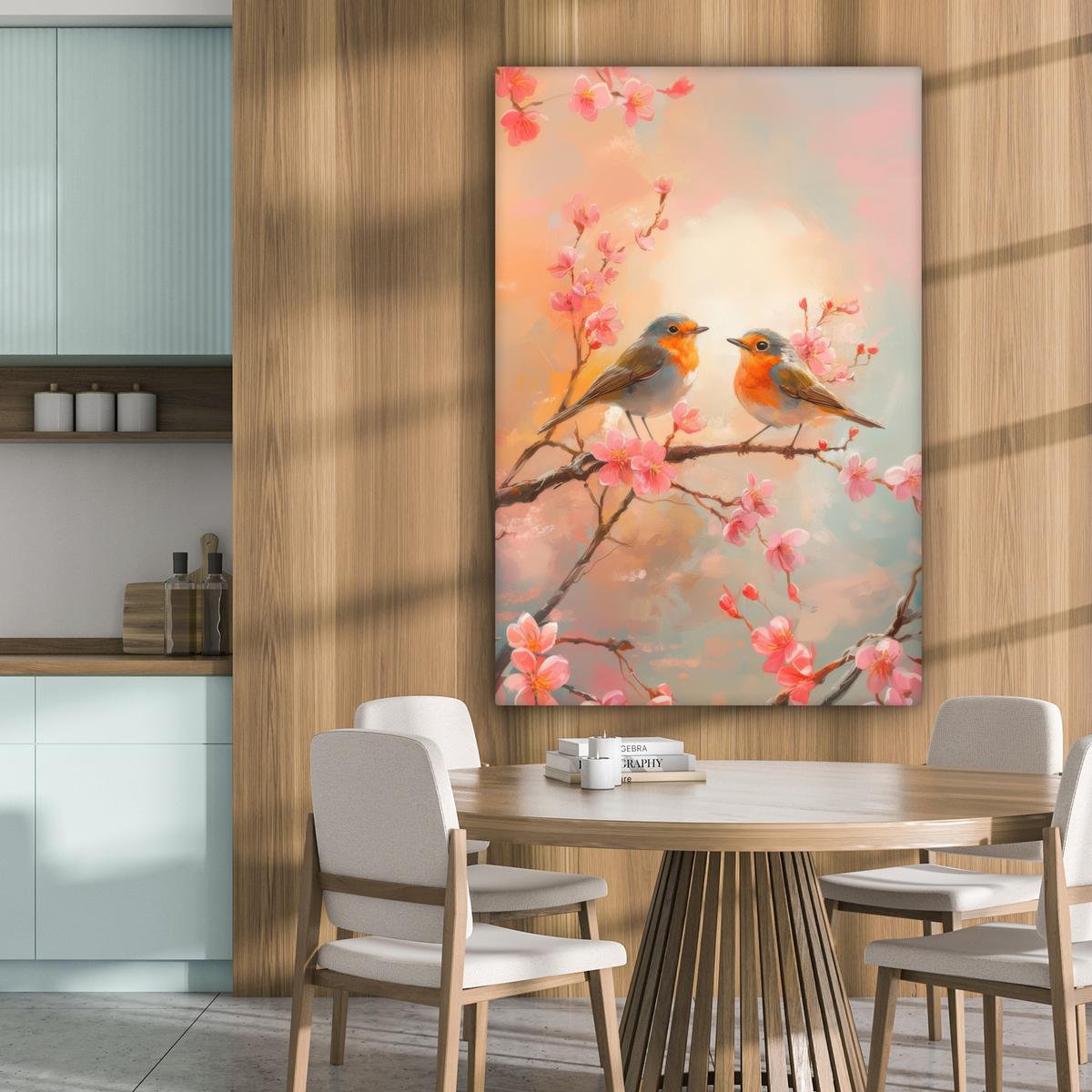 LEINWANDBILD Rotkehlchen - Zierpflanze - Blütenzweig Deko XXL 80x120 cm - Hellrosa, Textil (80/120cm) - MuchoWow