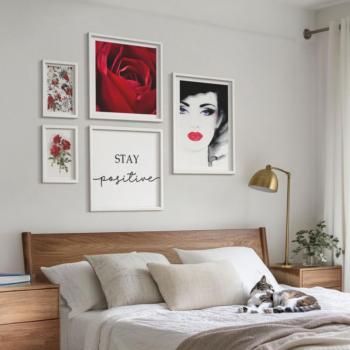 BILDER SET 5er Set - 50x50 cm & 20x30 cm & 40x60 cm Weißer Rahmen - Inschrift mit roten Rosen - Weiß, Kunststoff (40/60cm) - TULUP