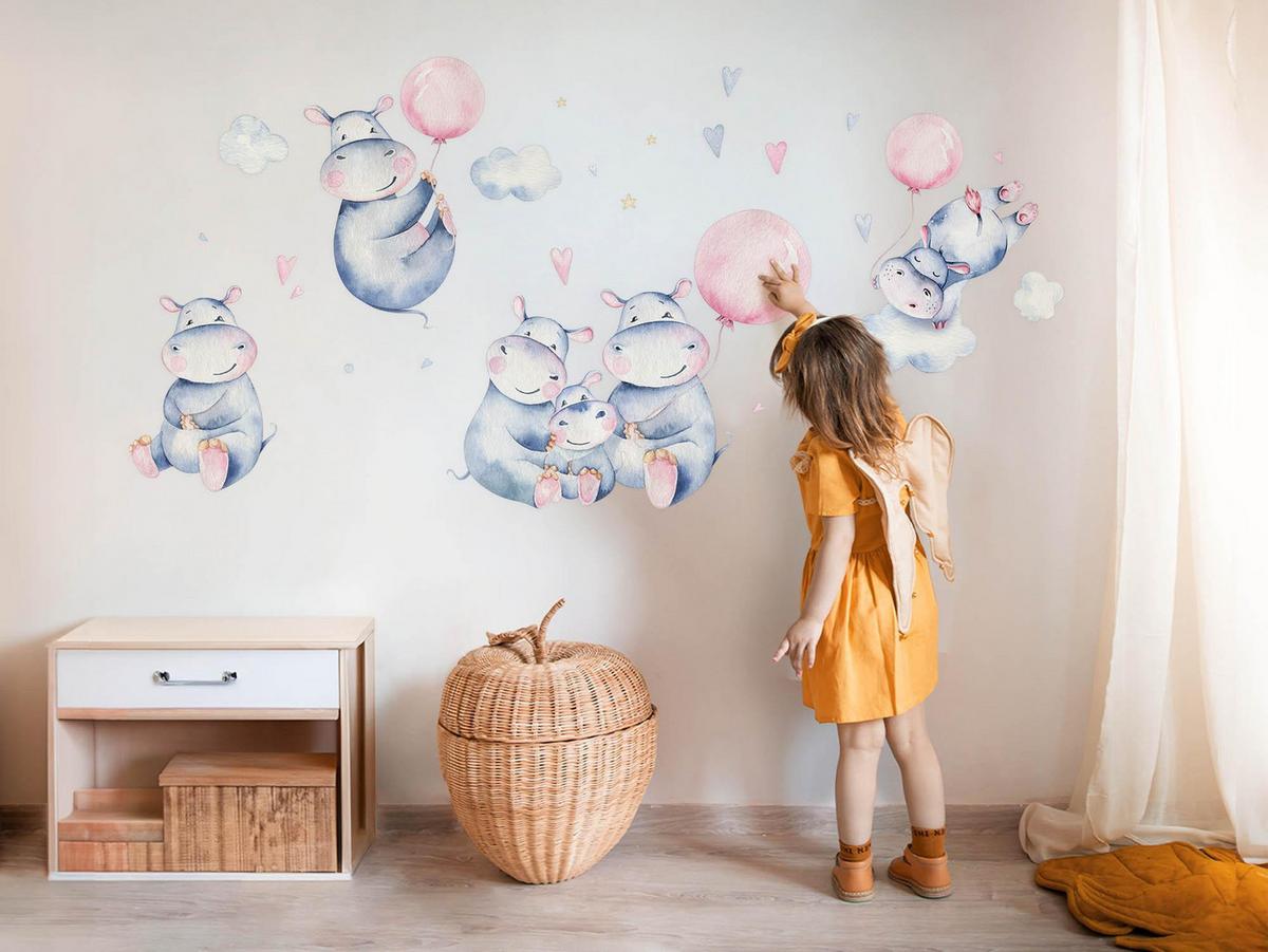 WANDAUFKLEBER 100x169cm - Nilpferdfamilie - Multicolor, Kunststoff (100/169/0.1cm) - Wallfluent