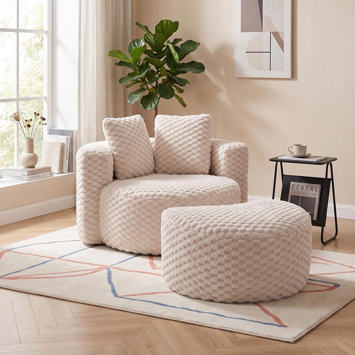 LOUNGESESSEL Mit Hocker Übergroß Rund Komprimiert Ohne Montage - Beige, Textil (129/65/116cm) - Urban Meuble