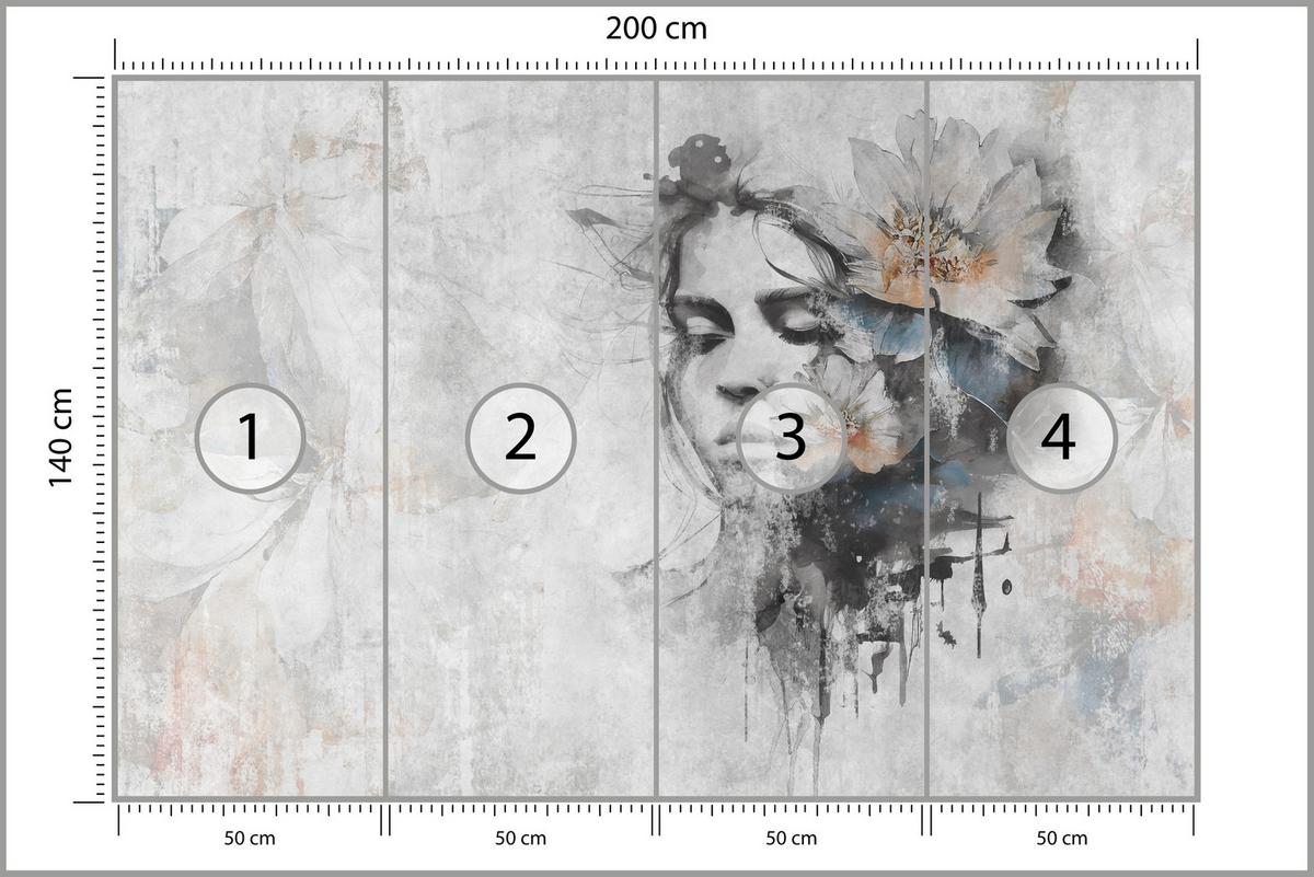 FOTOTAPETE für Wohnzimmer Gesicht Frau Grau Betonwand Blumen 200x140 - Grau, Papier (200/140cm) - Muralo