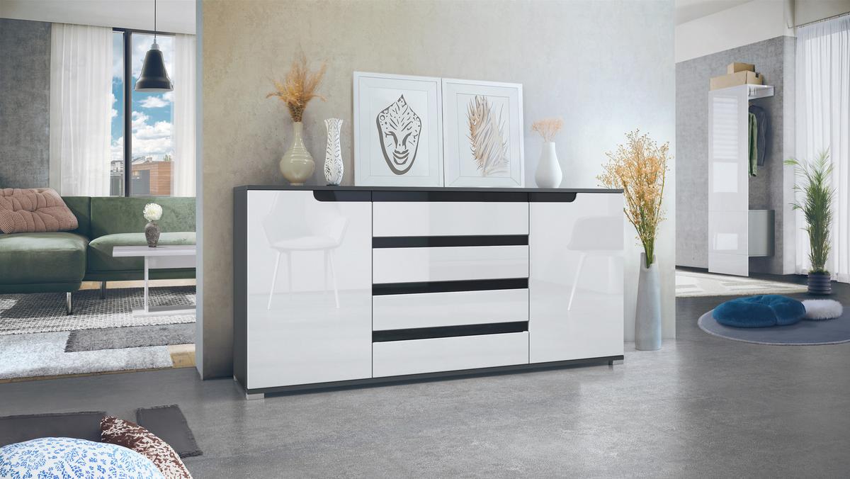 SIDEBOARD Sylt Weiß Hochglanz / Schwarz Hochglanz - Weiß Hochglanz, Holzwerkstoff (166.5/75.5/35cm) - Vladon