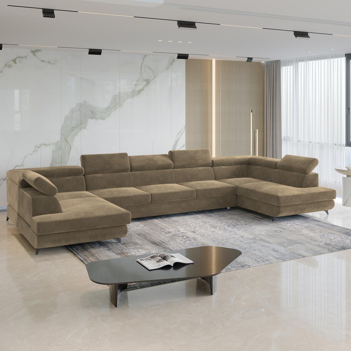 WOHNLANDSCHAFT URMANO Beige Velours-Stoff mit Schlaffunktion - Beige, Holz (395/89/190cm) - MASSENO