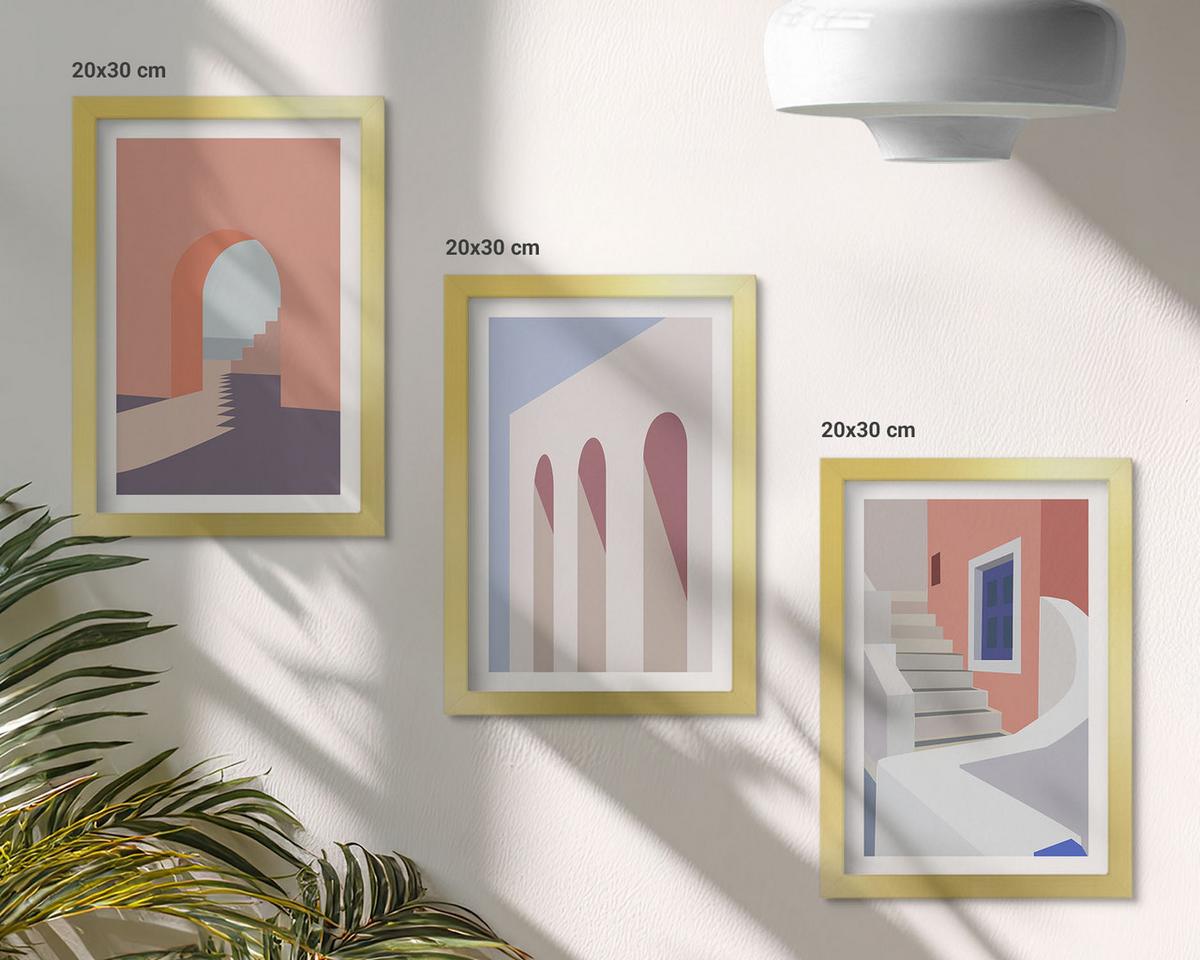BILDER SET 3er Set - 20x30 cm Goldrahmen - Minimalistische Architekturillustrationen - Goldfarben, Kunststoff (20/30cm) - TULUP