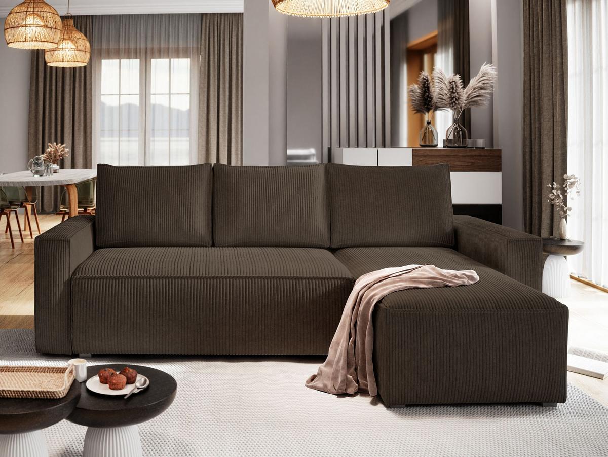ECKSOFA POTARO Braun Kordstoff mit Schlaffunktion - Braun/Grau, Holz/Kunststoff (232/140cm) - MASSENO
