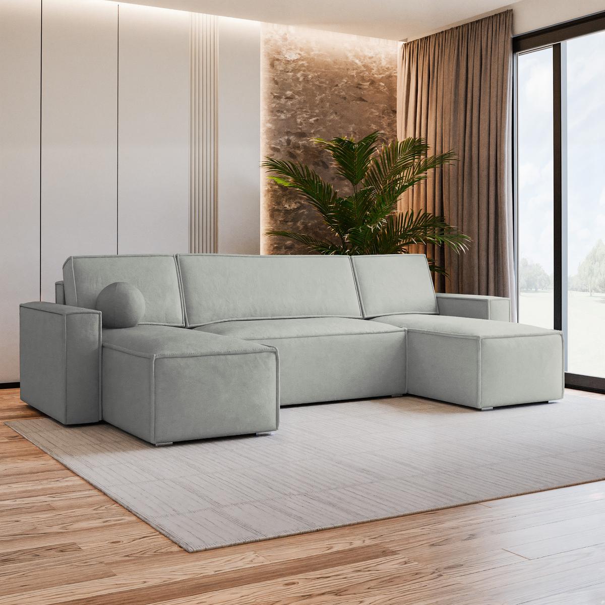 WOHNLANDSCHAFT PESANO M Hellgrau Velours-Stoff mit Schlaffunktion - Hellgrau, Holz (306/85/140cm) - MASSENO