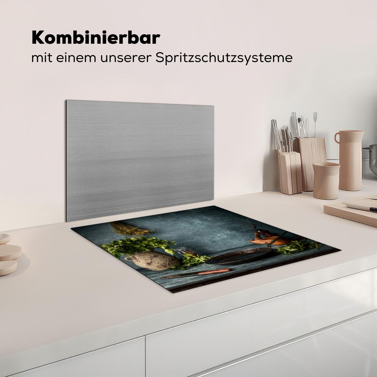 HERDABDECKPLATTE Kräuter - Gewürze - Pfanne - Messer - Grau - Rustikal Ceranfeldabdeckung 59x52 cm - Petrol, Kunststoff (59/52/0.2cm) - MuchoWow