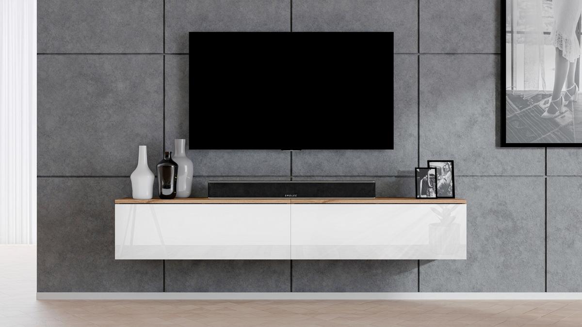 LOWBOARD Loriano 2x100 Eiche Wotan, Weiß Hochglanz 200/34/32 cm – TV Bank - Braun/Weiß, Holzwerkstoff/Kunststoff (200/34/32cm) - AX Living
