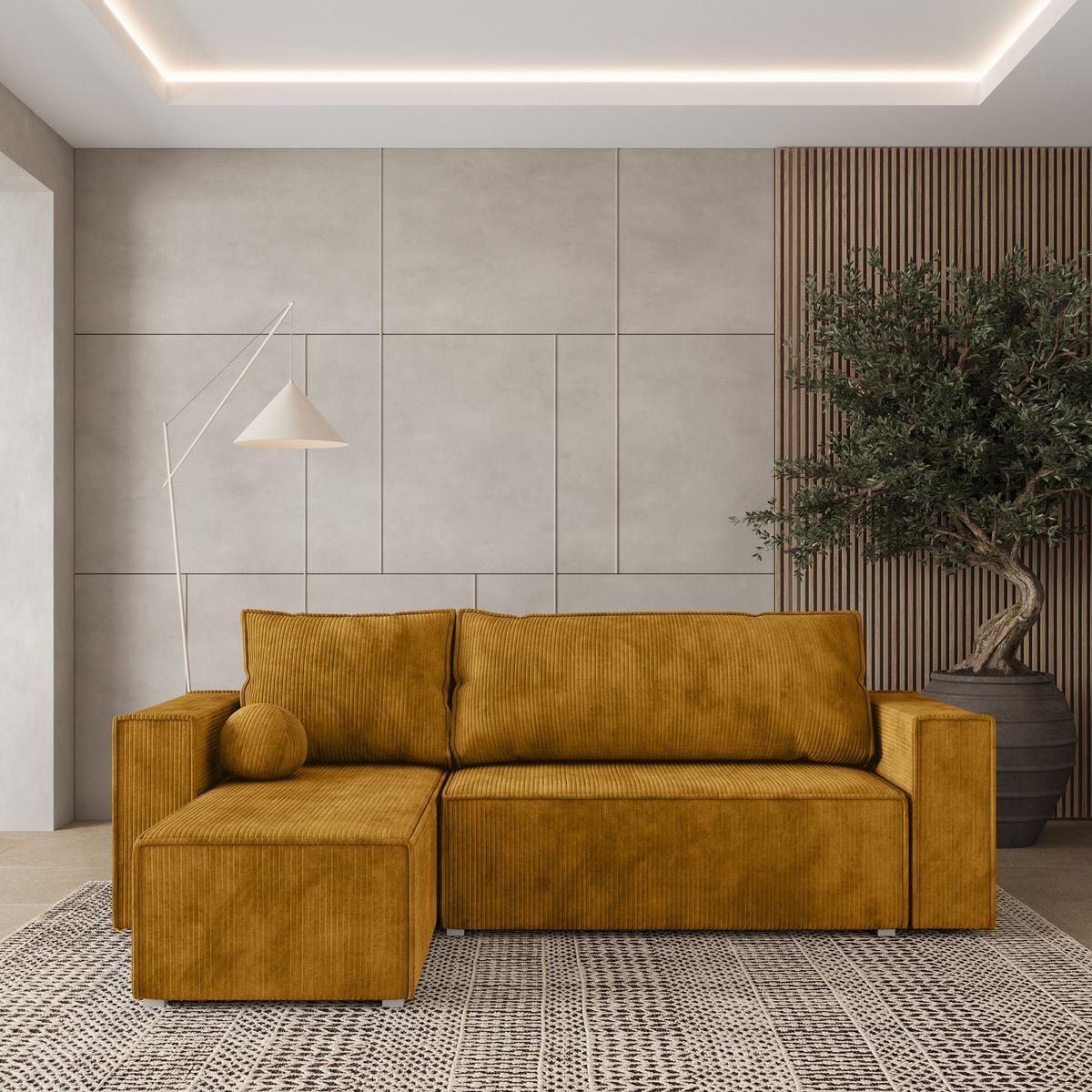 ECKSOFA RAVELO P Gelb Kordstoff mit Schlaffunktion - Gelb/Grau, Holz/Kunststoff (240/140cm) - MASSENO