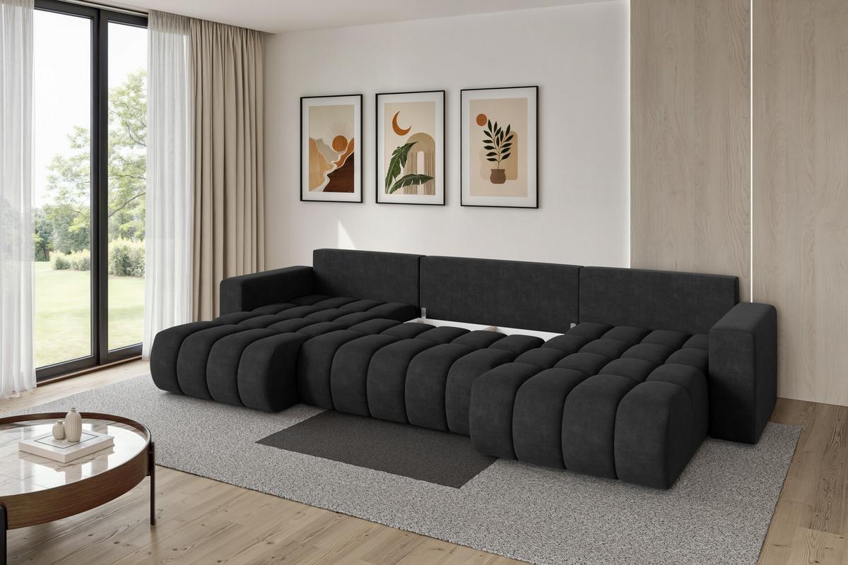 WOHNLANDSCHAFT mit Schlaffunktion und Bettkasten MILA-U-v1 378x194x86 Schwarz Velours - Schwarz, Holzwerkstoff/Kunststoff (378/86/194cm) - ALTDECOR