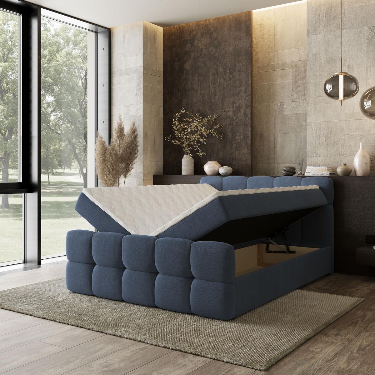 BOXBETT BRUME 200x200 cm mit Matratze und Topper, H2+H3 - Blau - Blau, Holz (200/200cm) - MASSENO