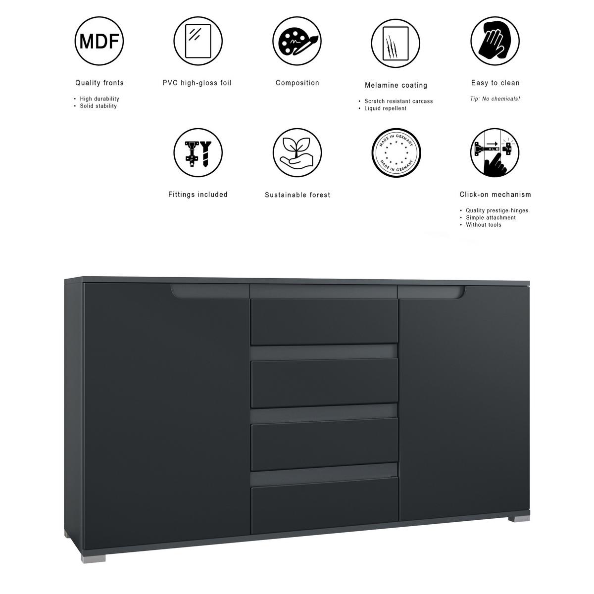 SIDEBOARD Sylt Eiche sägerau / Schwarz Hochglanz - Eiche San Remo, Holzwerkstoff (138.5/75.5/35cm) - Vladon