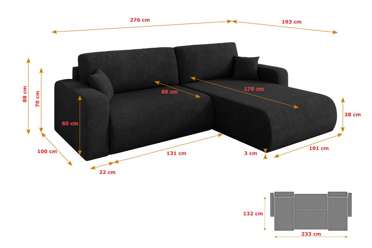 ECKSOFA mit Schlaffunktion Ottomane Rechts BERY-L 276x193x88 Schwarz Velours - Schwarz, Holzwerkstoff/Kunststoff (276/193cm) - ALTDECOR