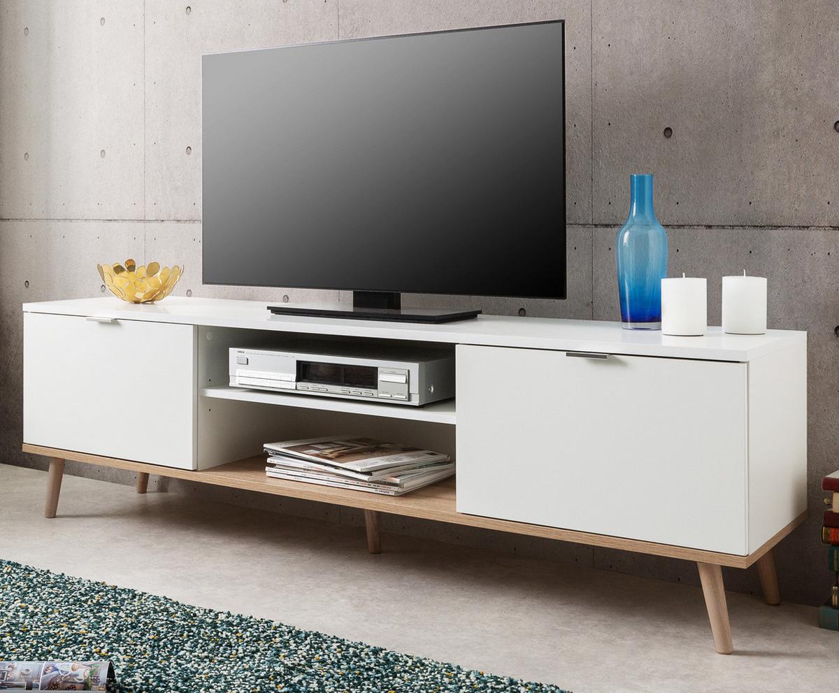 TV-LOWBOARD weiß matt, Eiche 160 cm 2-türig, skandinavisch - Chromfarben/Eichefarben, Holz/Holzwerkstoff (160/51/40cm) - Furn.Design