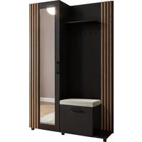 GARDEROBE Linaro mit Spiegel, Sitzbank in Lamellen-Optik 137/207/42 cm, Rechts - Schwarz, Holzwerkstoff (137/207/42cm) - WFL GROUP