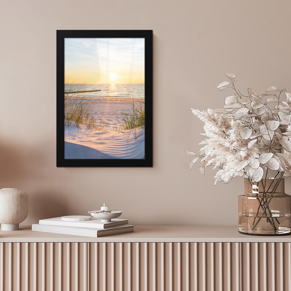 POSTER MIT RAHMEN Strand - Sonne - Düne - Gras - Sand - Horizont Poster 20x30 cm - Hellblau, Papier (20/30cm) - MuchoWow