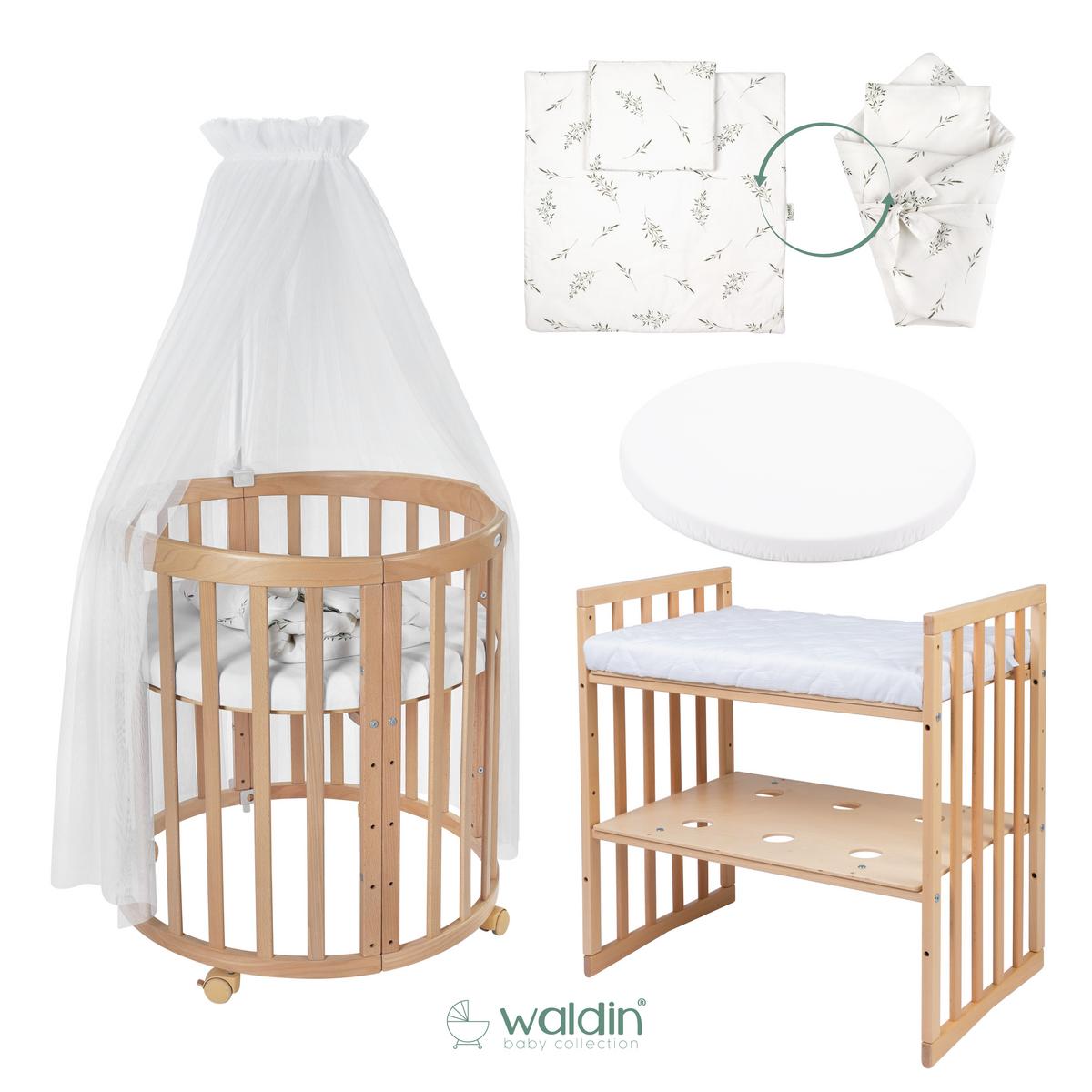 BABYBETT NATUR OVAL 7in1 mit Matratze und Himmelset - Naturfarben/Weiß, Holz/Textil (73/125cm) - waldin