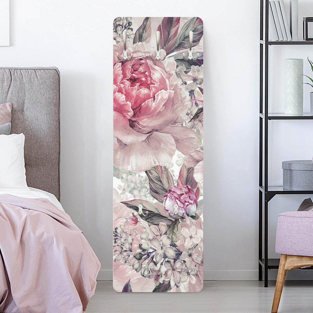 WANDGARDEROBE - Zartes Aquarell Pfingstrosen Muster 34/105 cm - Rosa, Holzwerkstoff (34/105/1.6cm) - Bilderwelten