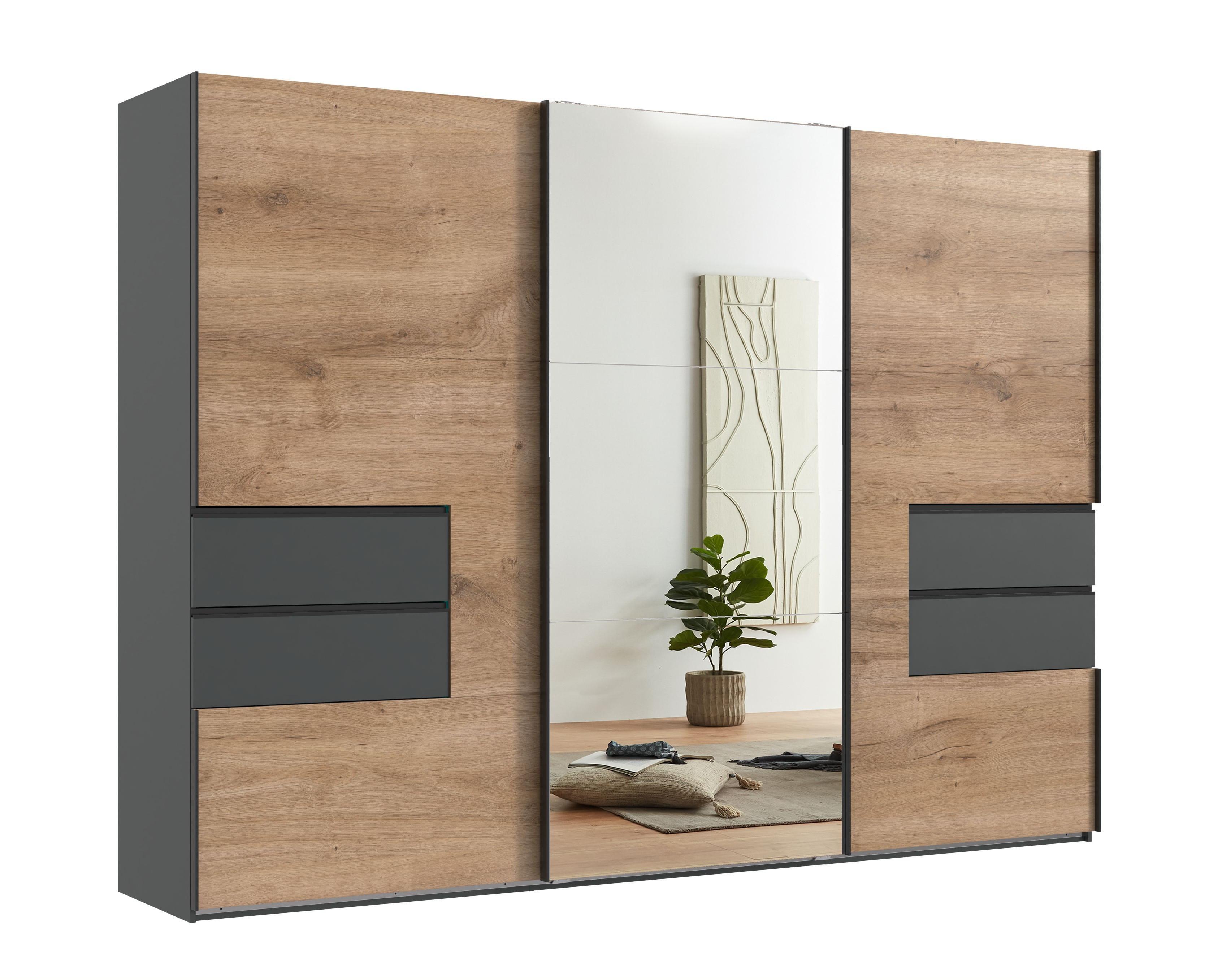 SCHWEBETÜRENSCHRANK 3-türig B300/H216/T65 cm, Korpus & Schubladen Grafit, Türen Eiche Dekor / Spiegel, Kleiderschrank inkl. Vollausstattung / 22055 - Eichefarben/Bordeaux, Holzwerkstoff/Metall (300/216/65cm) - luma-home