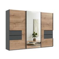 SCHWEBETÜRENSCHRANK 3-türig B300/H216/T65 cm, Korpus & Schubladen Grafit, Türen Eiche Dekor / Spiegel, Kleiderschrank inkl. Vollausstattung / 22055 - Eichefarben/Bordeaux, Holzwerkstoff/Metall (300/216/65cm) - luma-home
