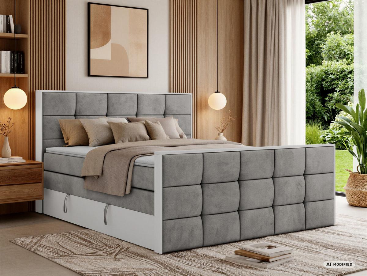 BOXSPRINGBETT ALVIT KING DUO 180/200 - Hellgrau Velvet - Topper Visco - H3 - Hellgrau/Schwarz, Kunststoff/Textil (180/200cm) - MKS