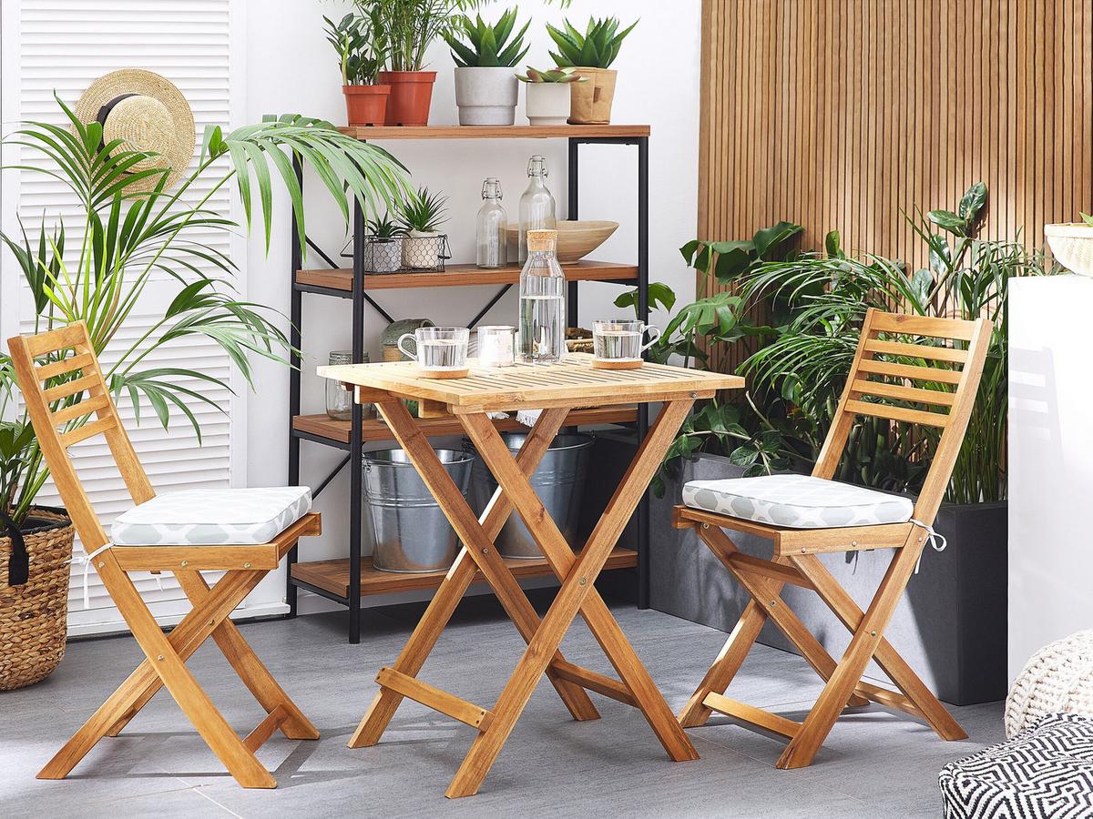 BALKONSET 2-Sitzer Akazienholz hellbraun Auflagen mintgrünes Muster Fiji - Hellbraun/Weiß, Holz/Textil - Beliani