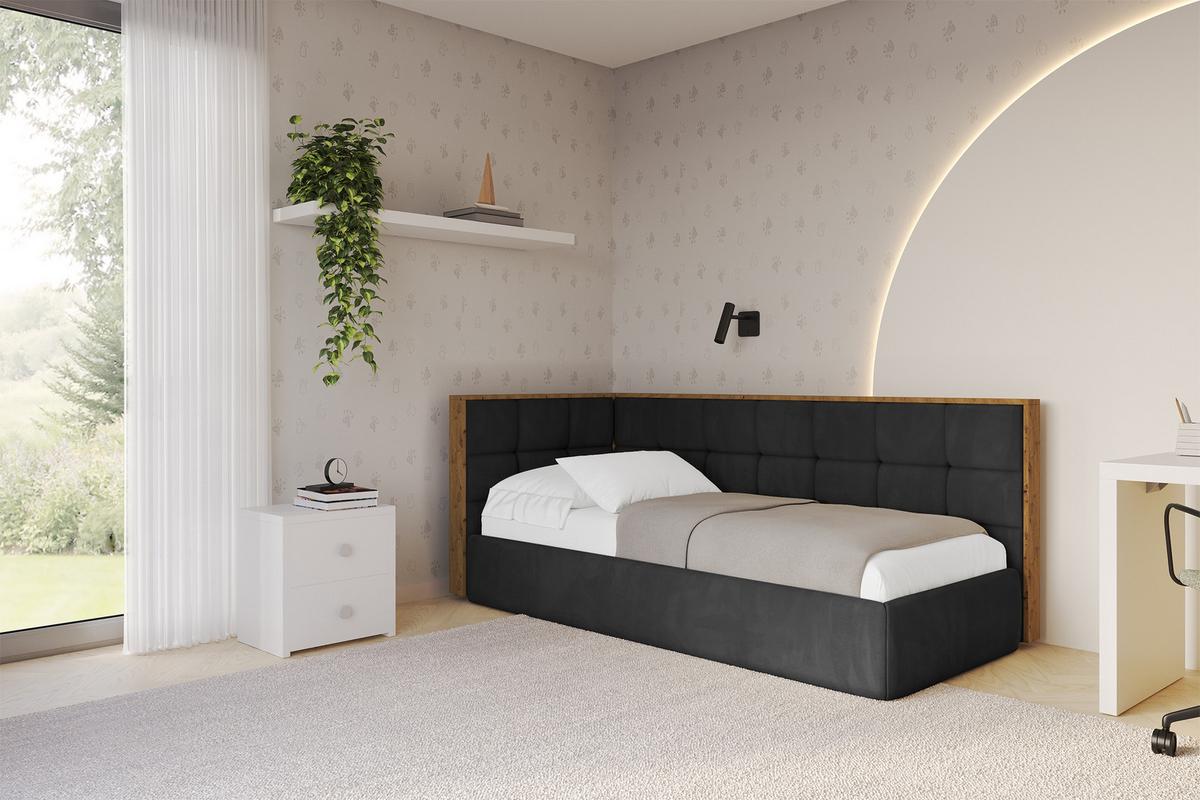 EINZELLBETT Jugendbett mit Bettkasten, Rechts - SOVY 90x200 Schwarz - Anthrazit, Holzwerkstoff/Textil (90/200cm) - ALTDECOR