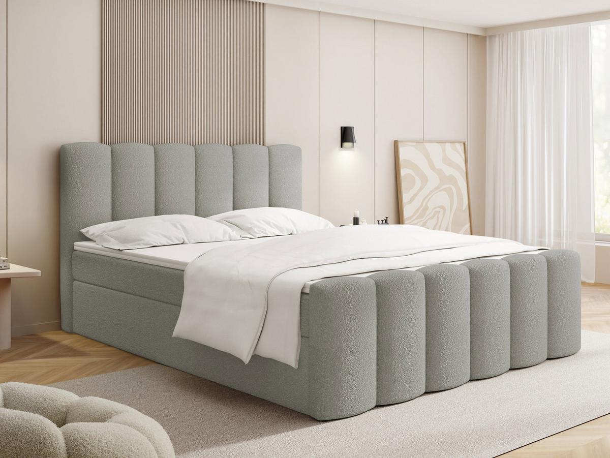BOXBETT Serenity mit Bettkasten, Boucle Grau 120x200 cm – inkl. H4 Taschenfederkern Matratze & Foam Topper - Hellgrau/Schwarz, Holz/Holzwerkstoff (120/200cm) - WFL GROUP