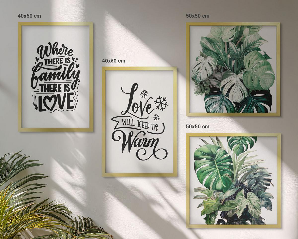 BILDER SET 4er Set - 50x50 cm & 40x60 cm Goldrahmen - Familie liebt Zuhause Aquarell - Goldfarben, Kunststoff (50/50cm) - TULUP