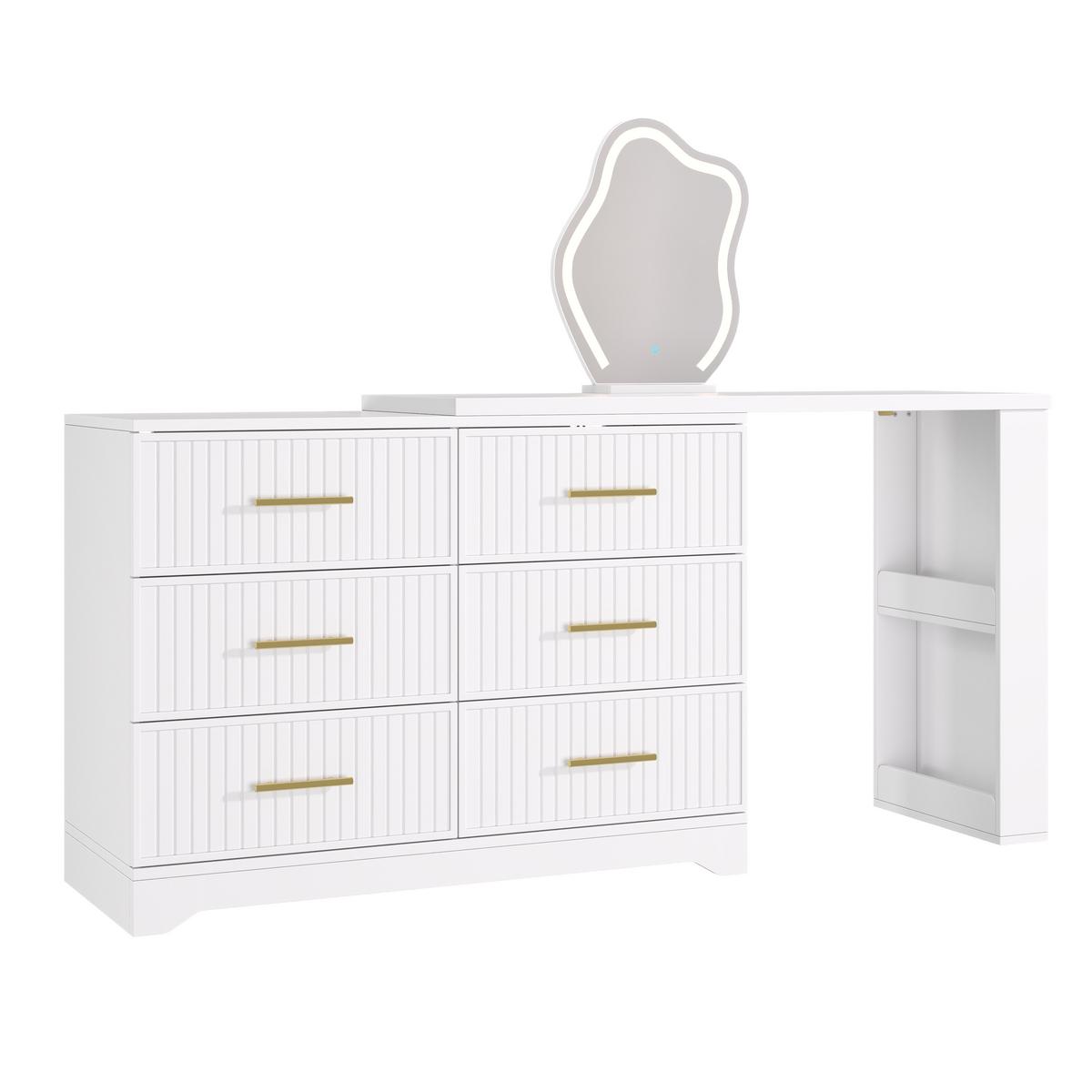 SCHMINKTISCH Drehbar L-Form Weiß Gold LED-Spiegel 6 Schubladen - Weiß, Holzwerkstoff (110/129/40cm) - Urban Meuble