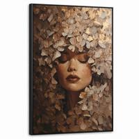 LEINWAND Bilder mit Rahmen - Gesicht - Dame - Blätter - Pinselstriche - 60x90 - Goldfarben, Textil (60/90cm) - MuchoWow