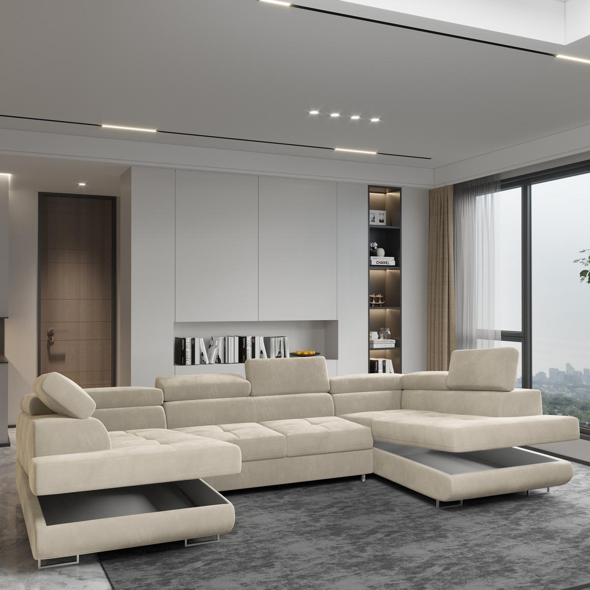 WOHNLANDSCHAFT RAGGIO Creme Velours-Stoff mit Schlaffunktion - Creme, Holz (336/90/202cm) - MASSENO