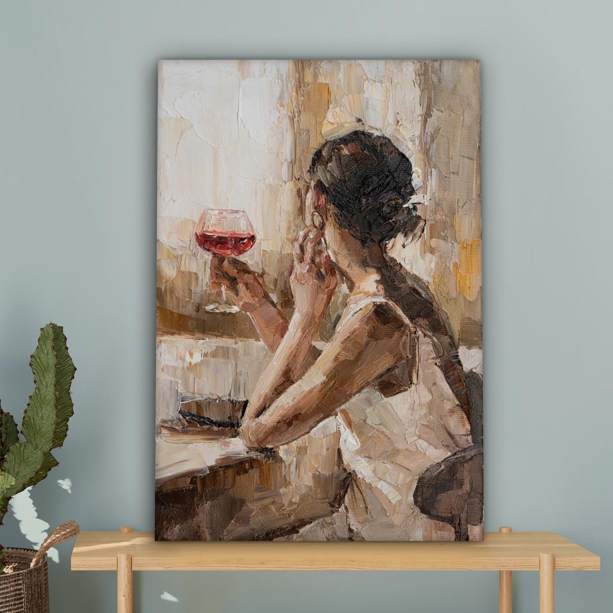 LEINWANDBILD Ölgemälde - Frau - Wein Wanddeko 40x60 cm - Hellbraun, Textil (40/60cm) - MuchoWow