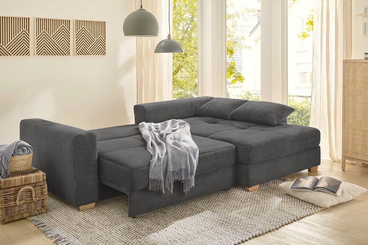 ECKSOFA-DAUERSCHLÄFER Federkern Bettkasten, seitenverkehrt montierbar B288/T186/H86 cm, Liegefl. 153x245 cm, Cord Dunkelgrau / 15153 - Dunkelgrau/Eichefarben, Holz/Textil (288/186cm) - luma-home