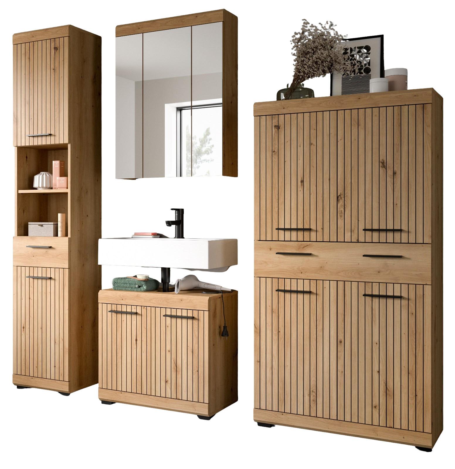 BADMÖBEL-SET Eiche Artisan 4-teilig 200 x 191 cm, Badkombination in modernem Design - Schwarz/Eiche Artisan, Glas/Holzwerkstoff (201/191/34cm) - Inn.Furn