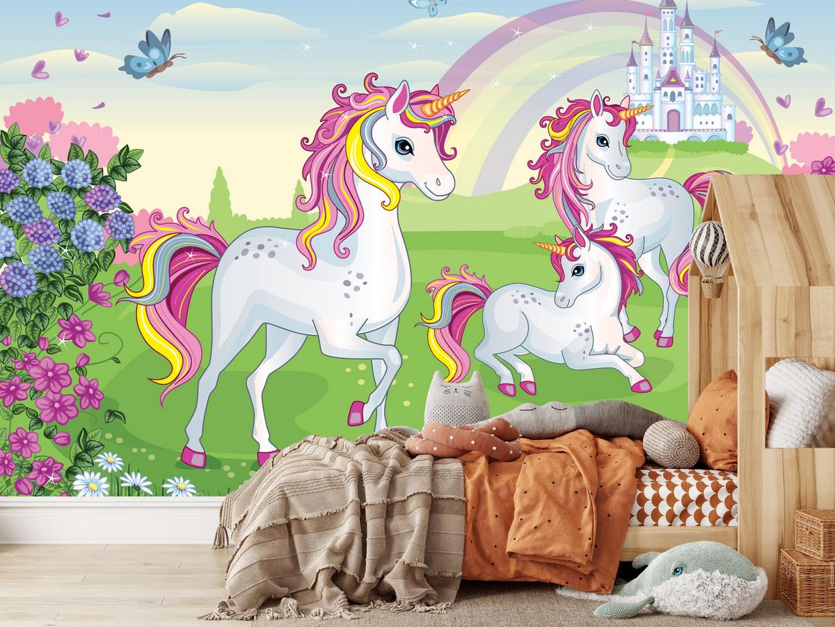 FOTOTAPETE für Kinderzimmer Einhorn Schloss Blumen Märchen 450x315 - Gelb/Violett, Papier (450/315cm) - Muralo