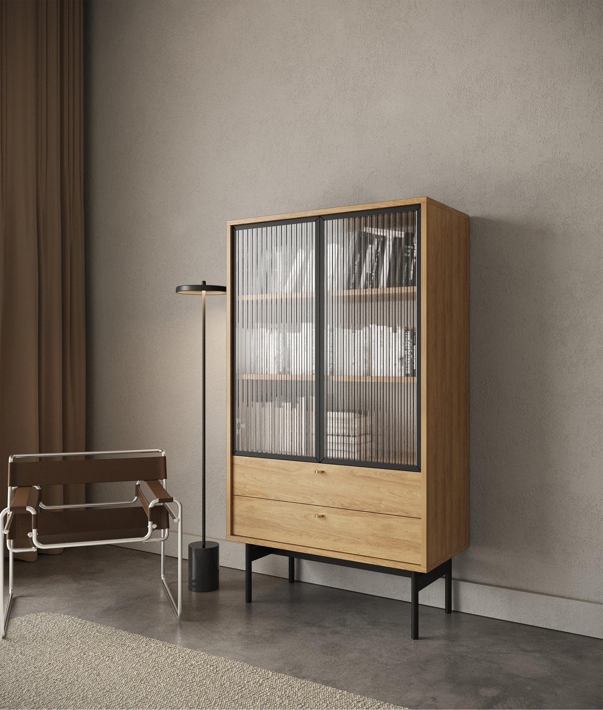 VITRINE Olar II Holzoptik Hickory Natur 85 cm - Beige/Goldfarben, Holzwerkstoff/Metall (85/150/41cm) - Selsey