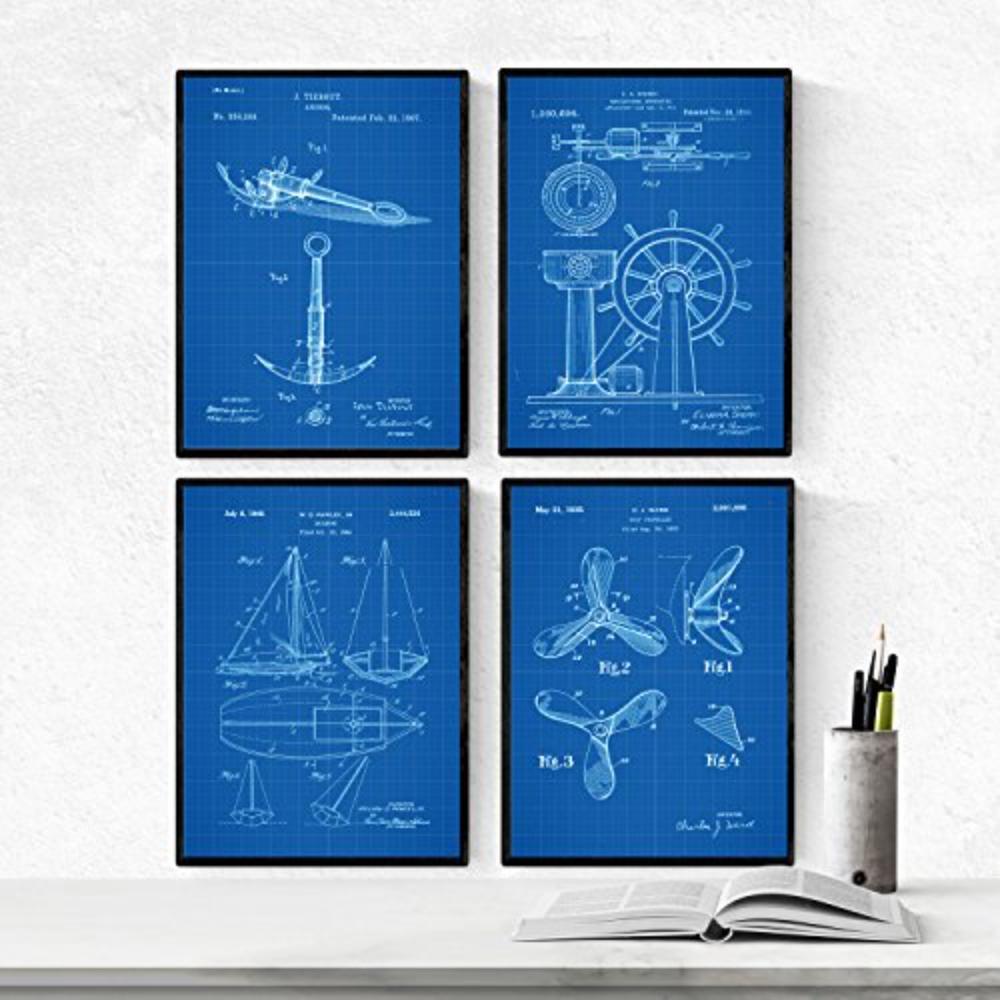 POSTER Set mit 4 Blau Patenten Booten A4 Schwarzer Rahmen - Schwarz, Papier (29.7/3cm) - Nacnic
