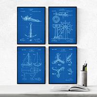 POSTER Set mit 4 Blau Patenten Booten A4 Schwarzer Rahmen - Schwarz, Papier (29.7/3cm) - Nacnic