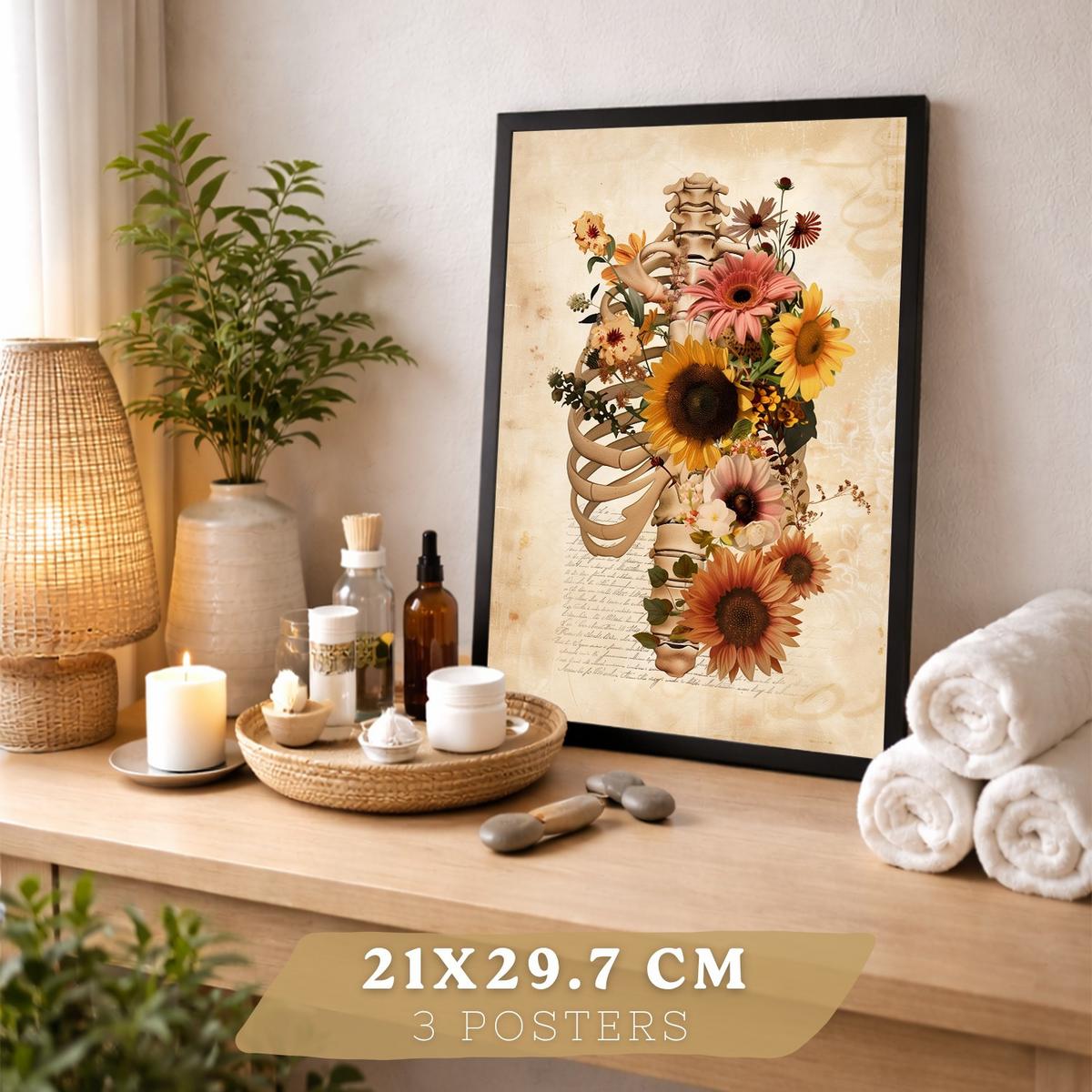 POSTER Set aus 3 Anatomie Mensch Florale Drucke und Wandbilder mit Lungen Brustkorb und Gehirn Botanischer Antiker Stil Größe Schwarzer Rahmen A4 - Schwarz, Papier (21/29.7/3cm) - Nacnic