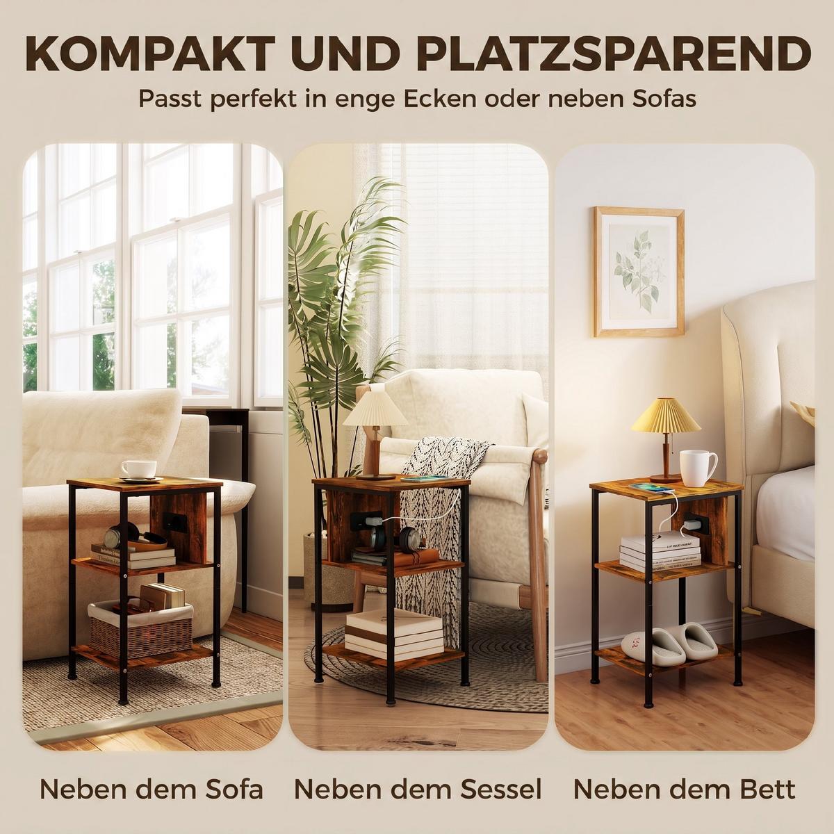 BEISTELLTISCH Spanplatte Stahl Rustikal-Braun - Schwarz/Braun, Holzwerkstoff/Metall (34/30/58cm) - HOMCOM