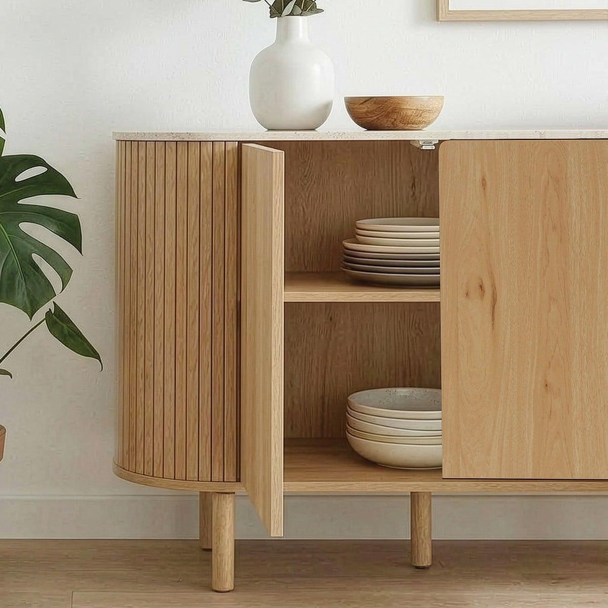 SIDEBOARD 3 Türen mit Travertin-Dekorplatte B160 cm - HELIOS - Eschefarben, Holzwerkstoff (40/80/48cm) - Calicosy