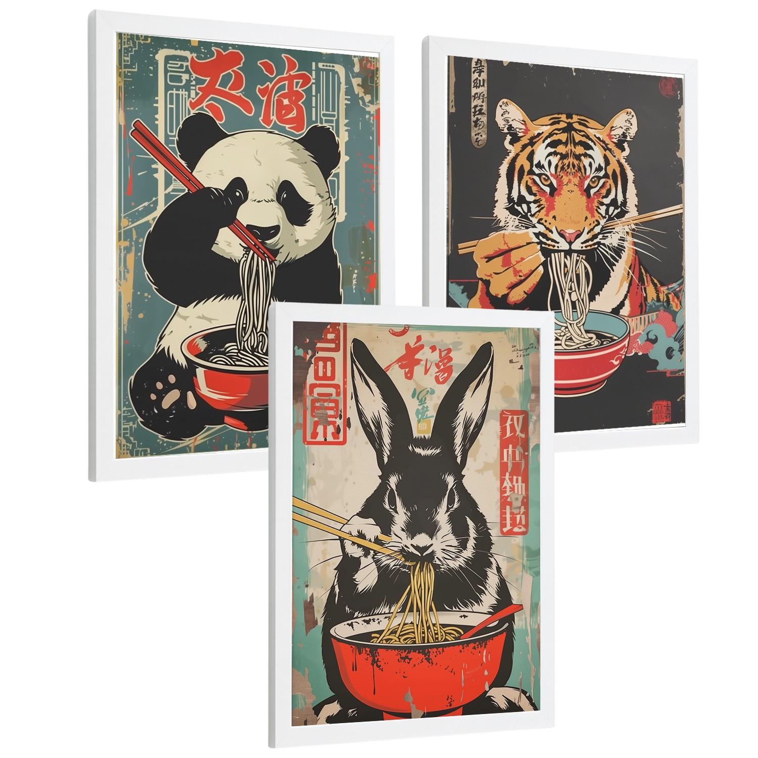 POSTER 3er Set Japanische Ramen Tier-Wandbilder Panda Tiger und Hase Nudeln Vintage Küche Wanddeko Weißer Rahmen A4 - Weiß, Papier (29.7/1/21cm) - Nacnic