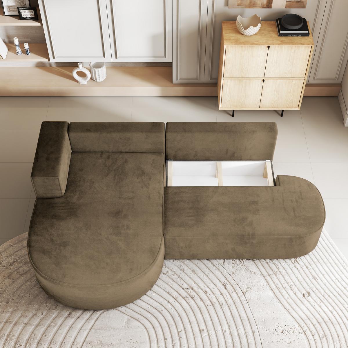 ECKSOFA CORTIO M L-S Beige Velours-Stoff mit Schlaffunktion - Beige/Grau, Holz/Kunststoff (265/174cm) - MASSENO