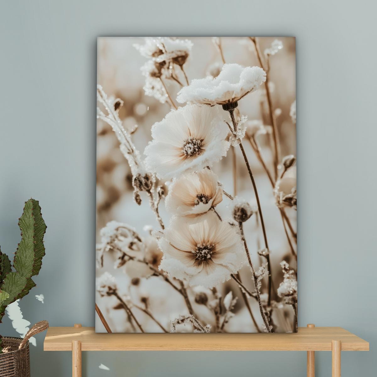 LEINWANDBILD Blumen - Winter - Weiß - Schnee - Beige Wanddeko 40x60 cm - Creme, Textil (40/60cm) - MuchoWow